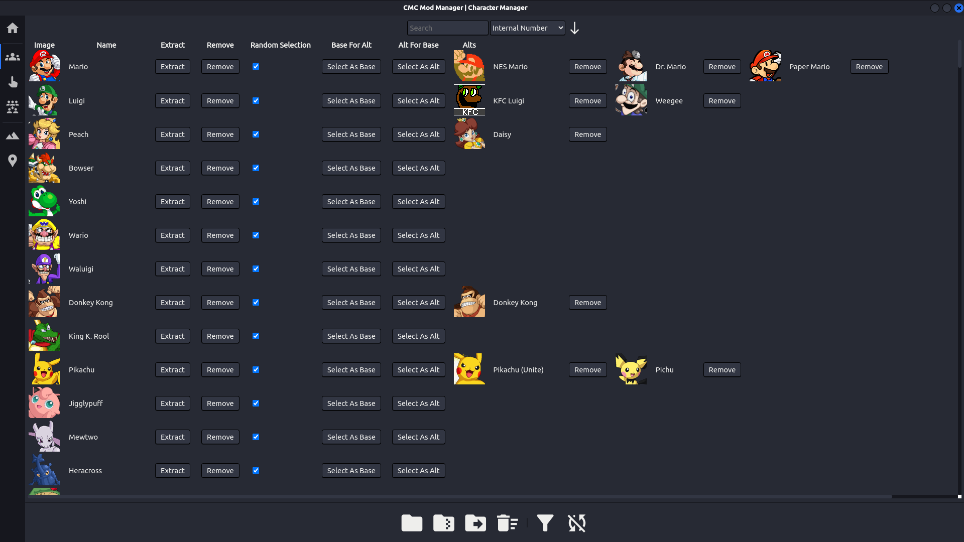 A screenshot of CMC Mod Manager's Character Management tab